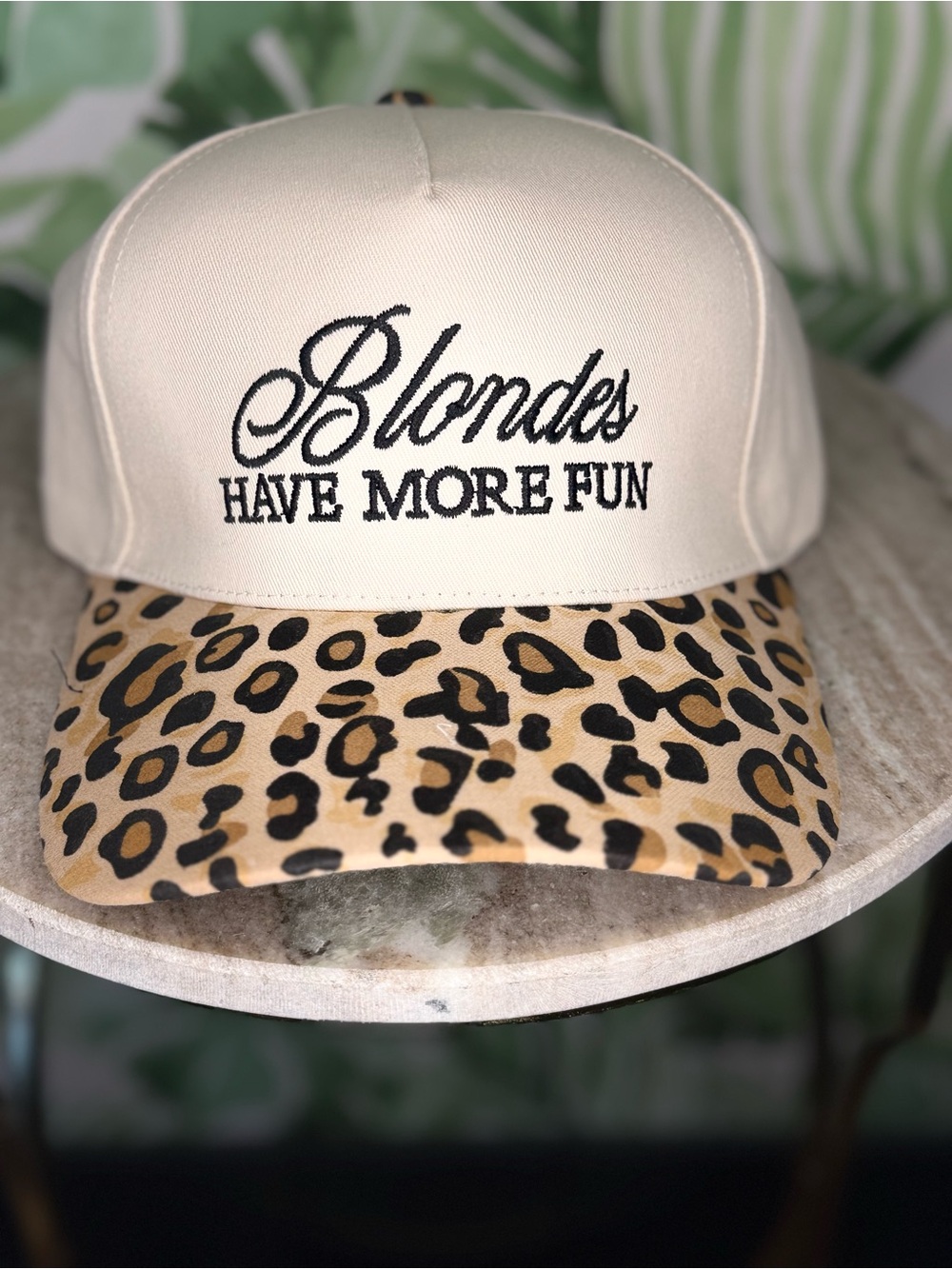 Cream Baseball Cap with Leopard Brim - "Blondes Have More Fun"